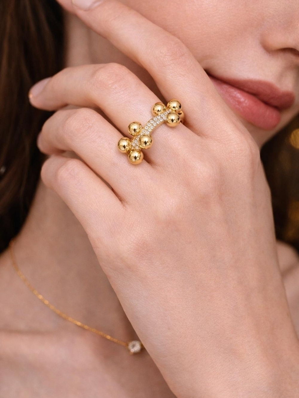 Gold Bead Cluster Ring with Pavé Accent - Picture 2 of 3